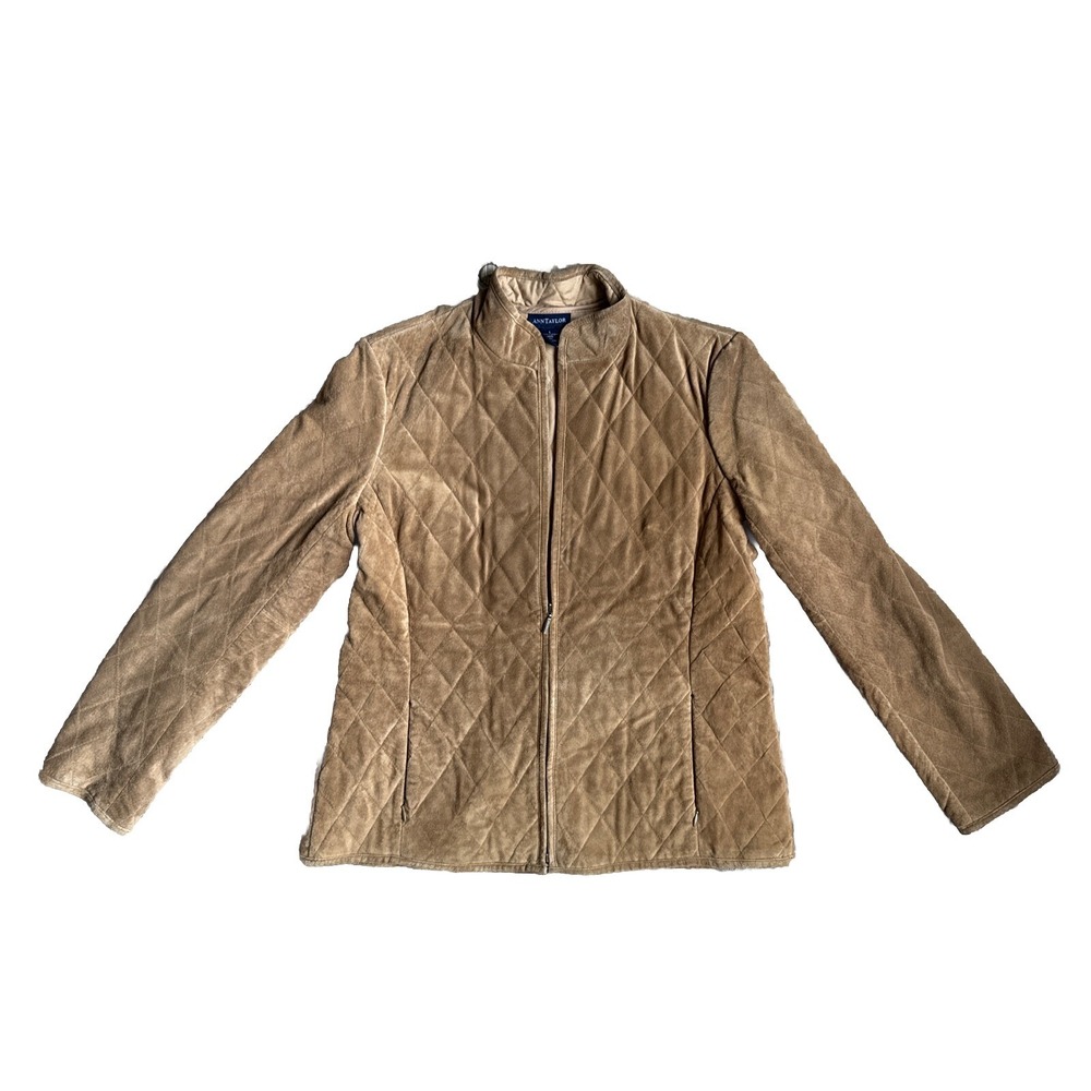 Ann‎ Taylor Womens Tan Quilted Suede Leather Jacket Mock Neck Zip Front Brown L
